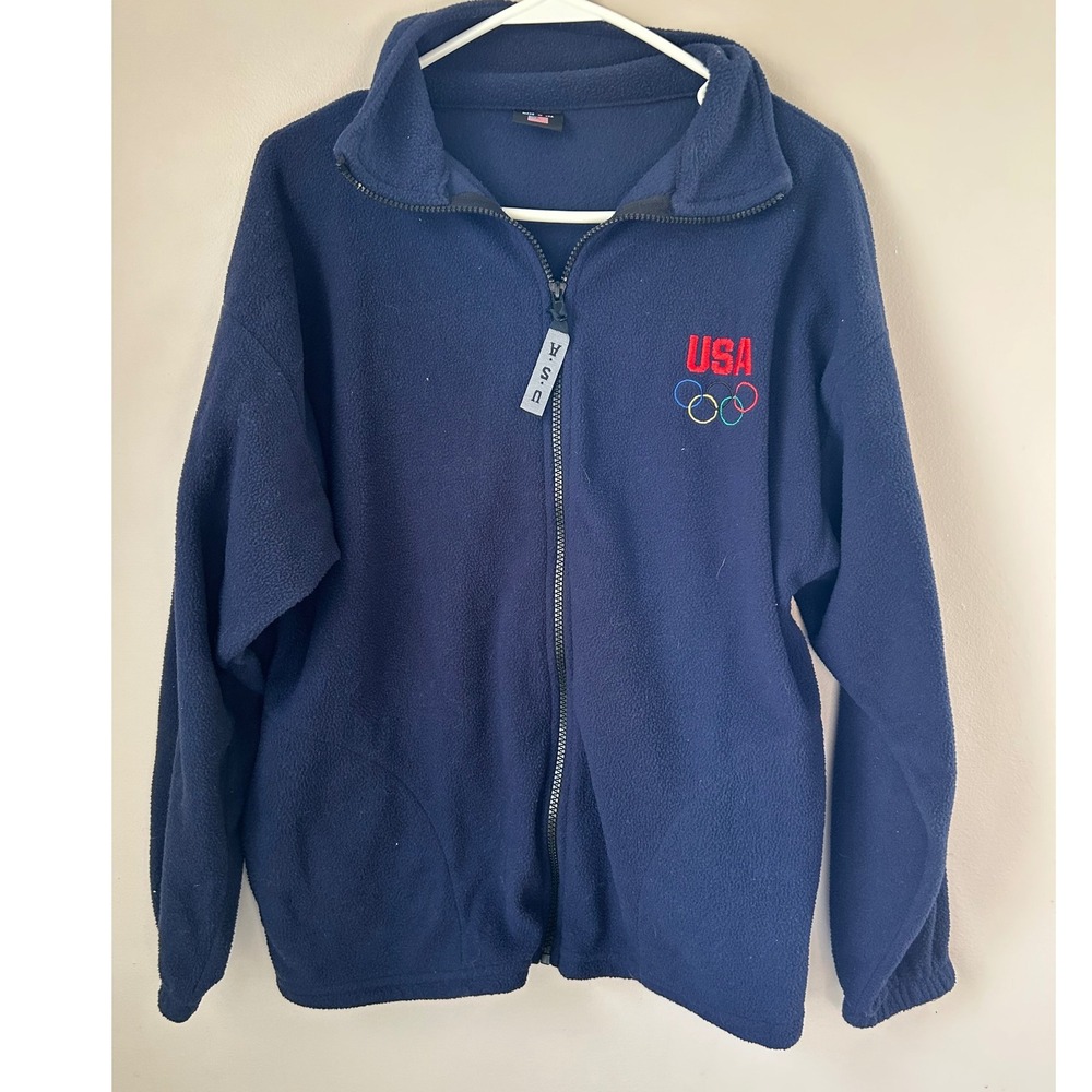 USA Olympic Fleece Jacket Navy Blue Full Zip‎ Athletic USA Made Size M Athletic